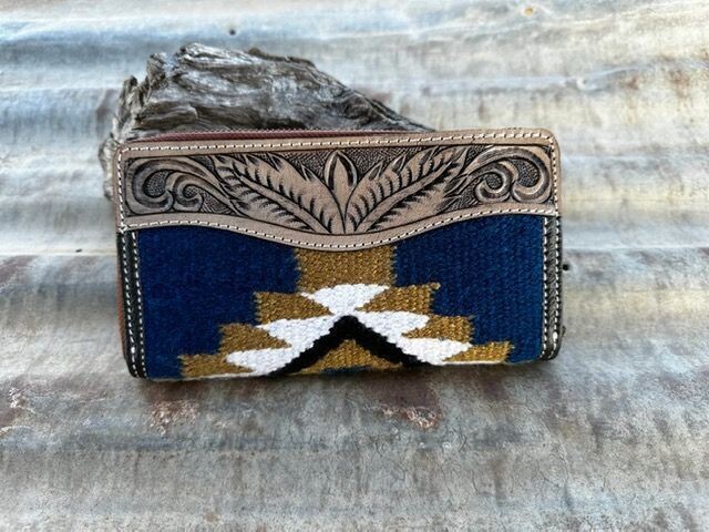 Portefeuille cuir et laine tissée