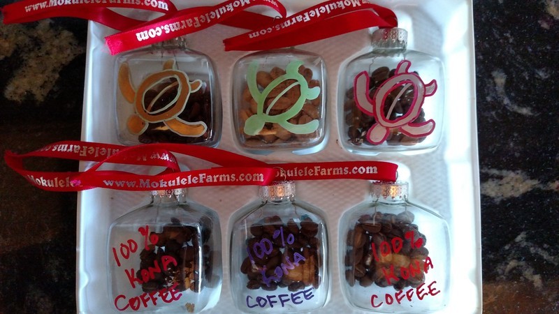 Box of 6 Holiday Ornaments, Real Kona Beans Inside