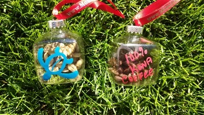Hand painted ornaments, coffee beans inside