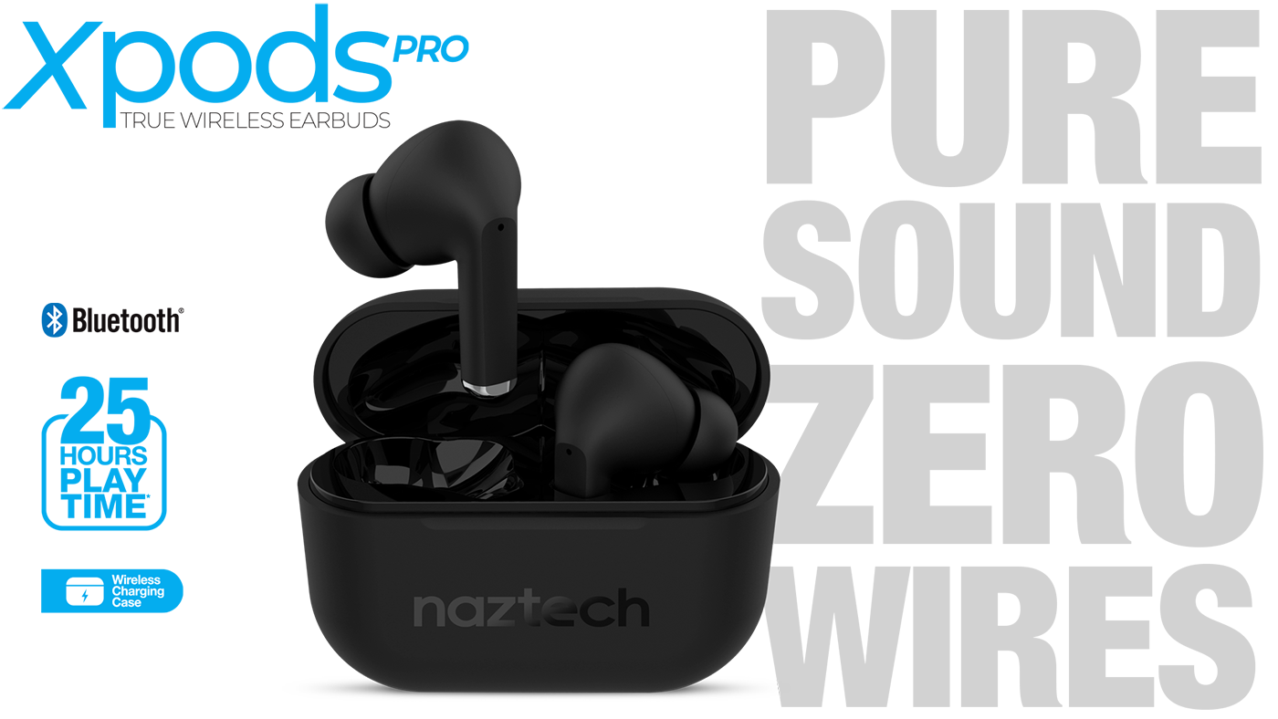 Xpods PRO True Wireless Earbuds with Wireless Charging Case- Black