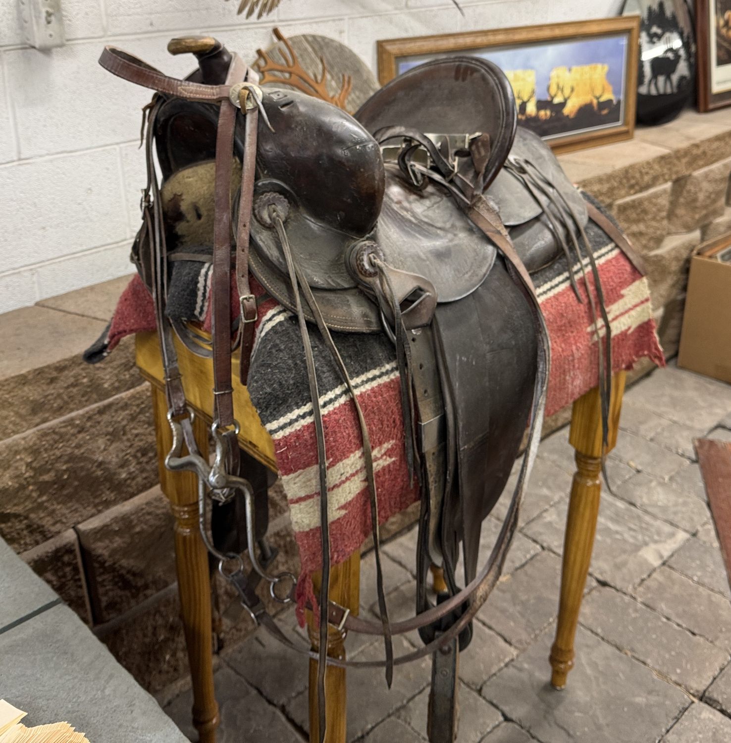 482 SADDLE WITH STAND, STIRRUPS, REINS, MISC. LEATHER