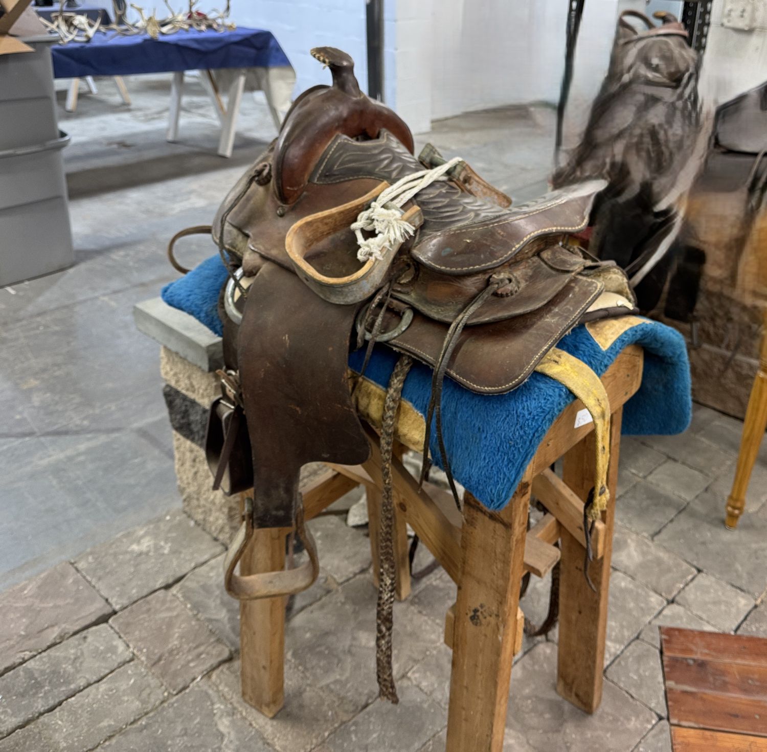 481 SADDLE WITH STAND, STIRRUPS, REINS, MISC. LEATHER