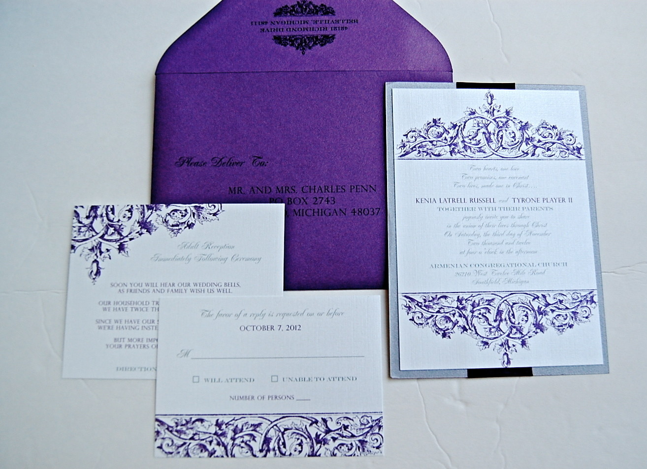 Pearlized Ornament Full Color Design  - Invitation. RSVP Card. Reception Card.