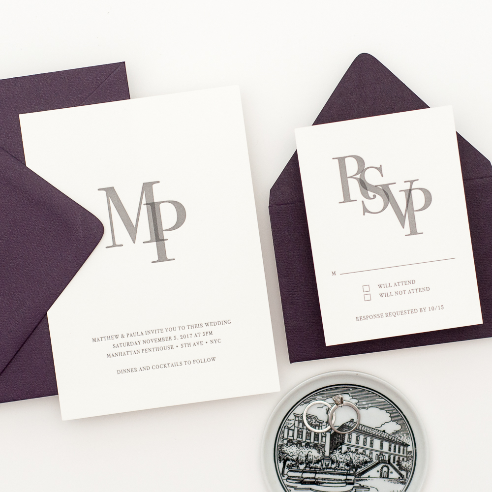 Monogram Design - Invitation. RSVP Card. Matching Color Envelopes