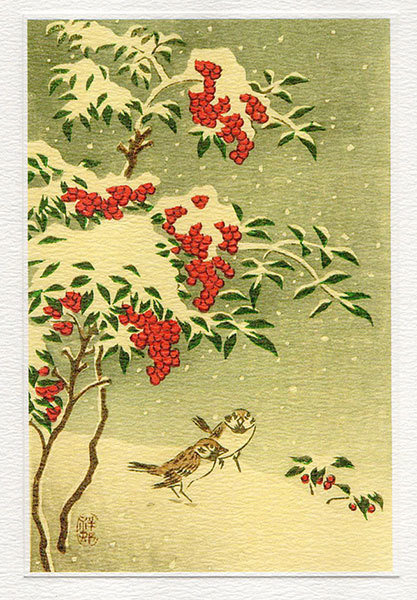 Sparrows in Snow - Winter Printmakers Card
