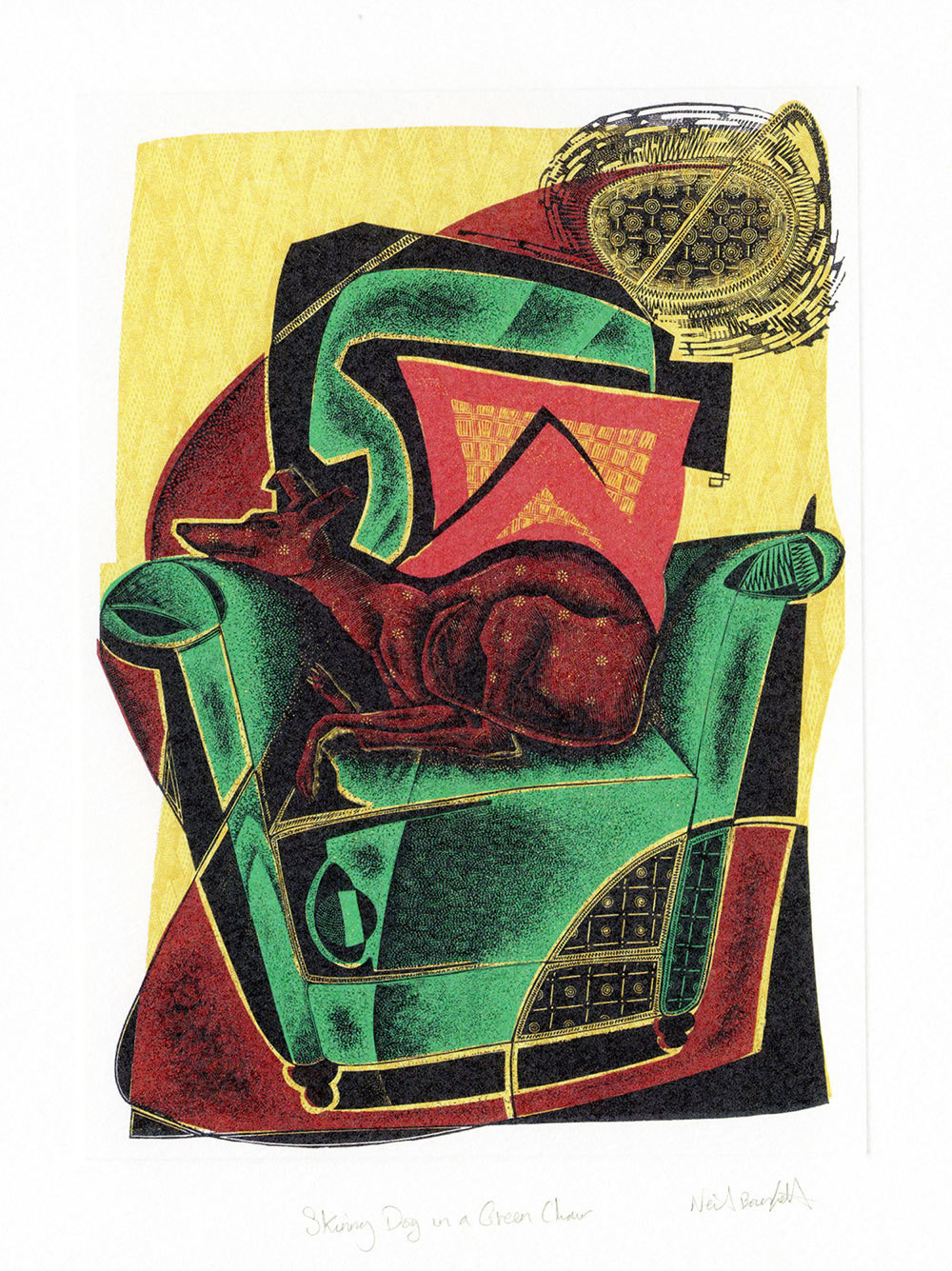 Skinny Dog on a Green Chair- Printmakers Card