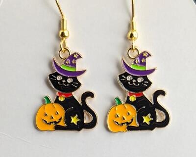 Halloween Black Cats with Pumpkin and Witch Hats