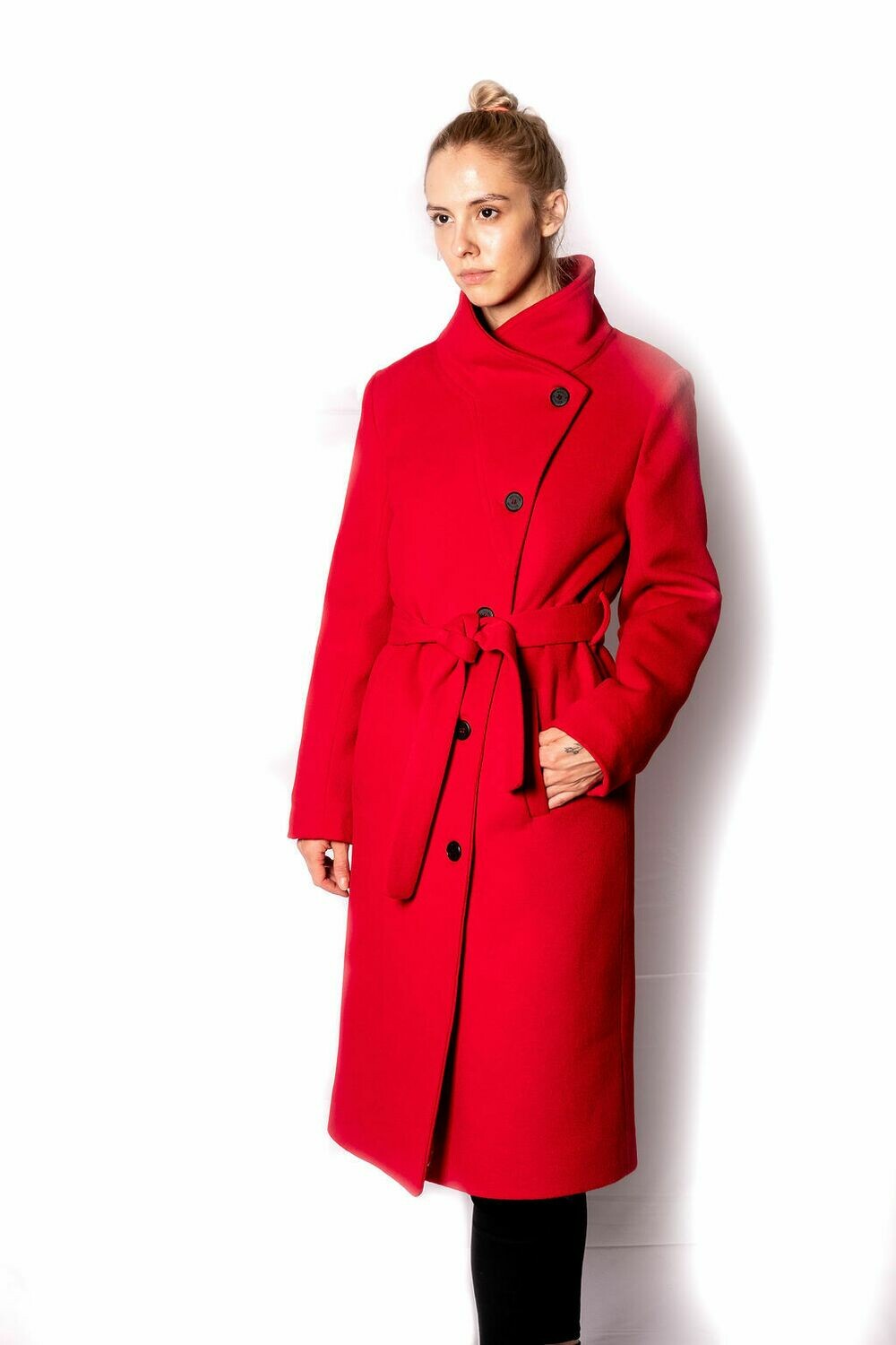 Manteau femme long avec ceinture - Rouge