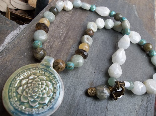 Raku Lotus - Om Mani Padme Hum - Smoky Quartz, Dyed Turquoise Barrell shell accents