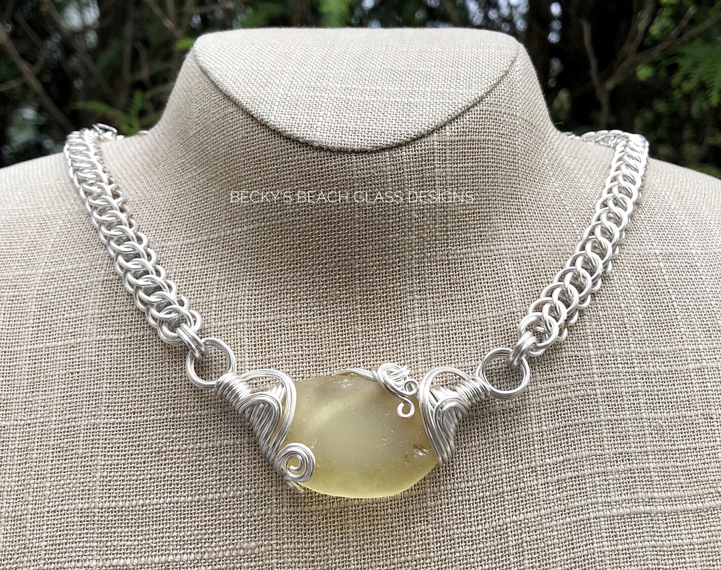 Russian Soft Yellow Sea Glass Necklace W/Handmade Chain