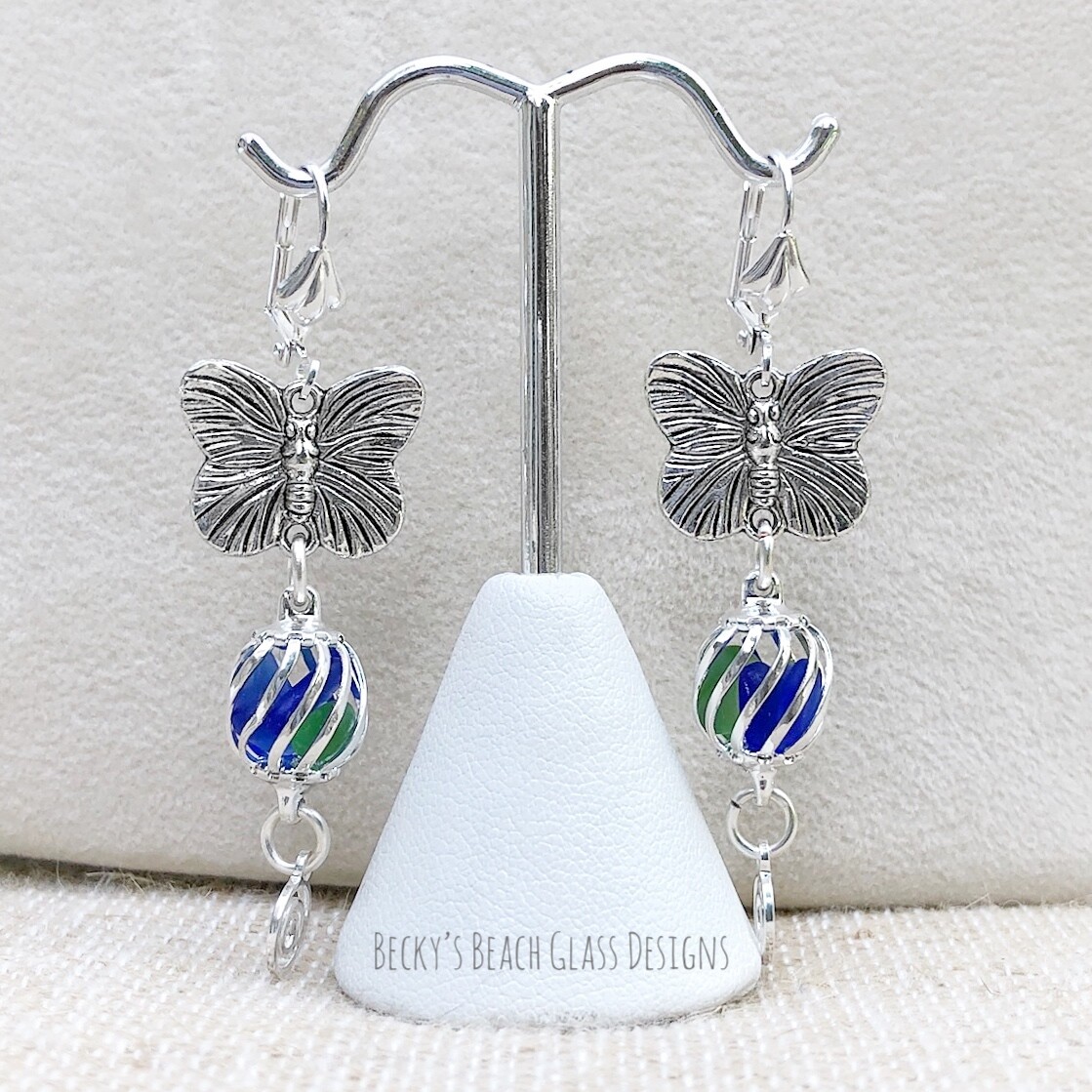 Butterfly Caged Blue/Green Sea Glass Earrings
(Sold Ashtabula Show 6/25-6/22)