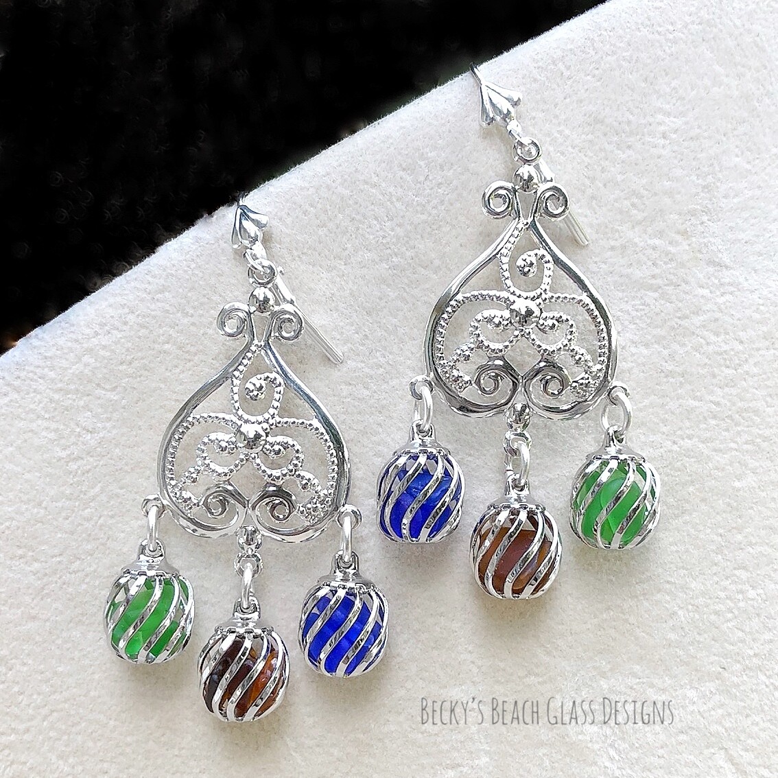 Multi Color Caged Sea Glass Earrings