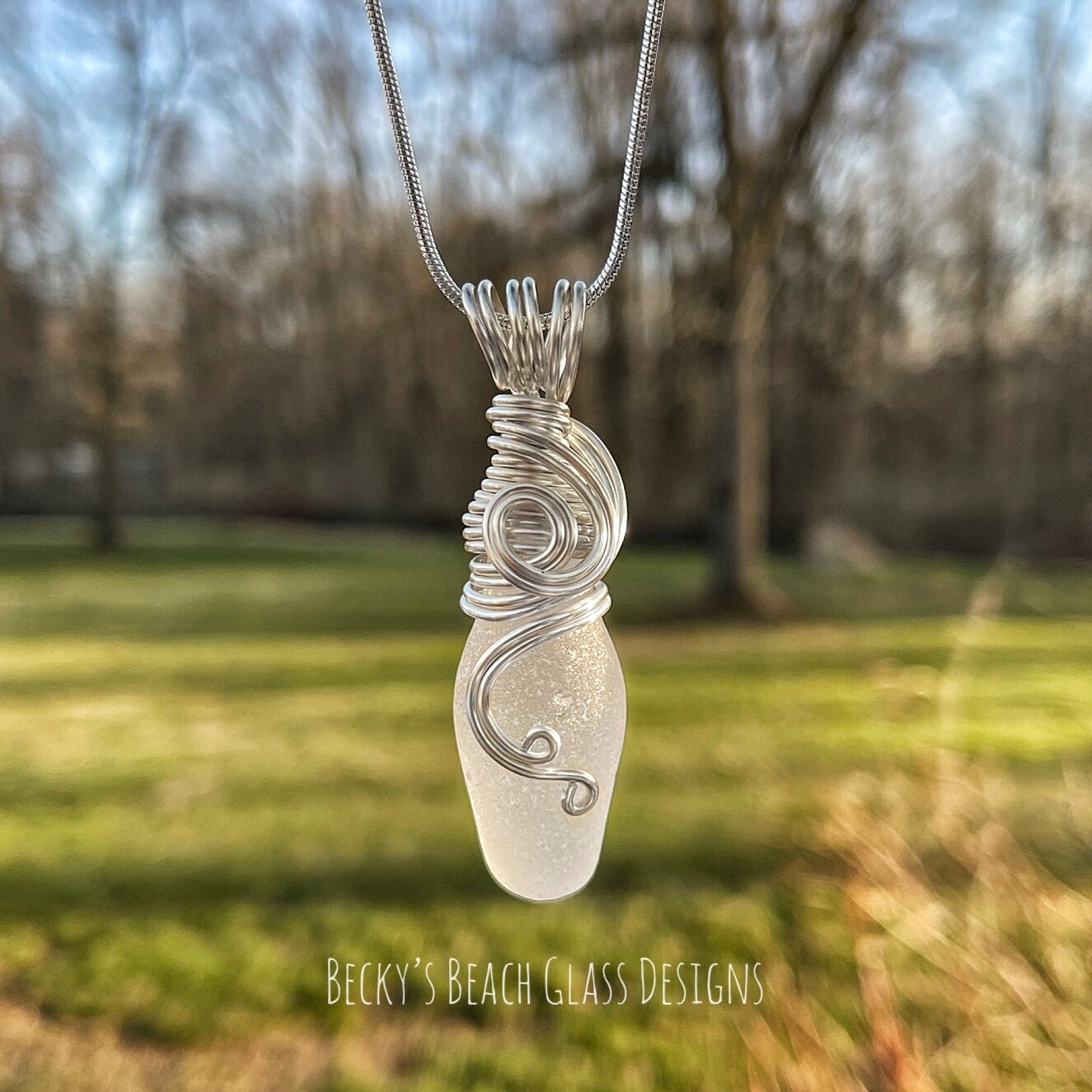Bowling Pin Shaped Sea Glass Pendant Necklace