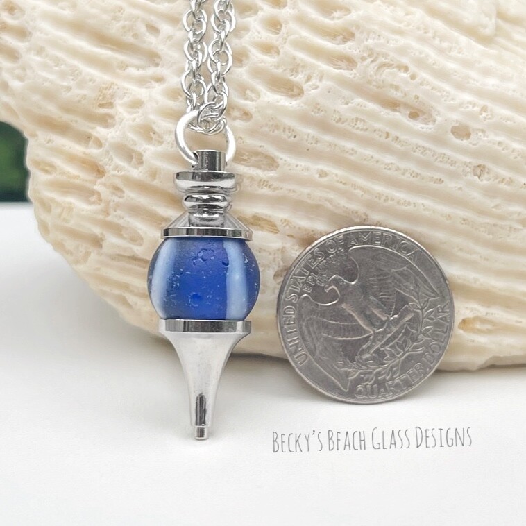Cobalt Blue & White Swirled Sea Glass Marble Pendulum Necklace