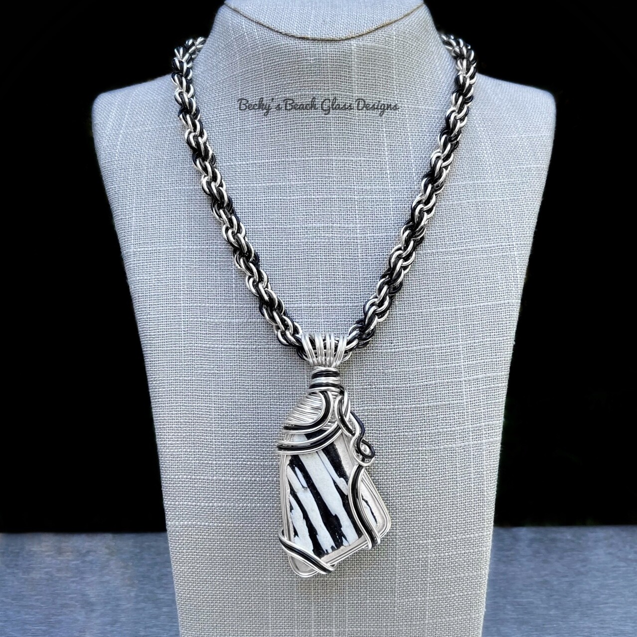 Black and White Italian Sea Pottery Necklace w/ Handmade Chain
