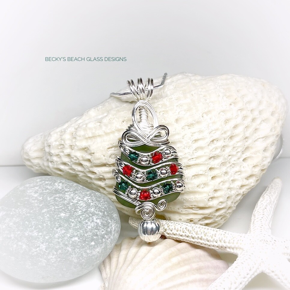 Sea Glass Christmas Tree Pendant Necklace