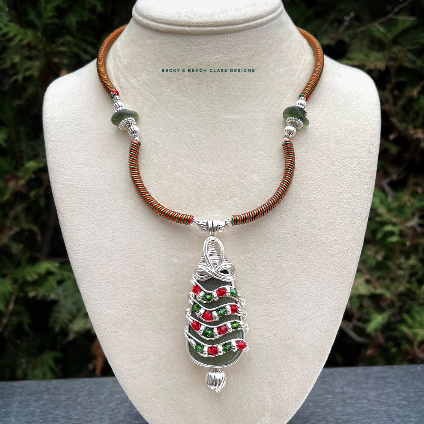 Sea Glass Christmas Tree Pendant Necklace