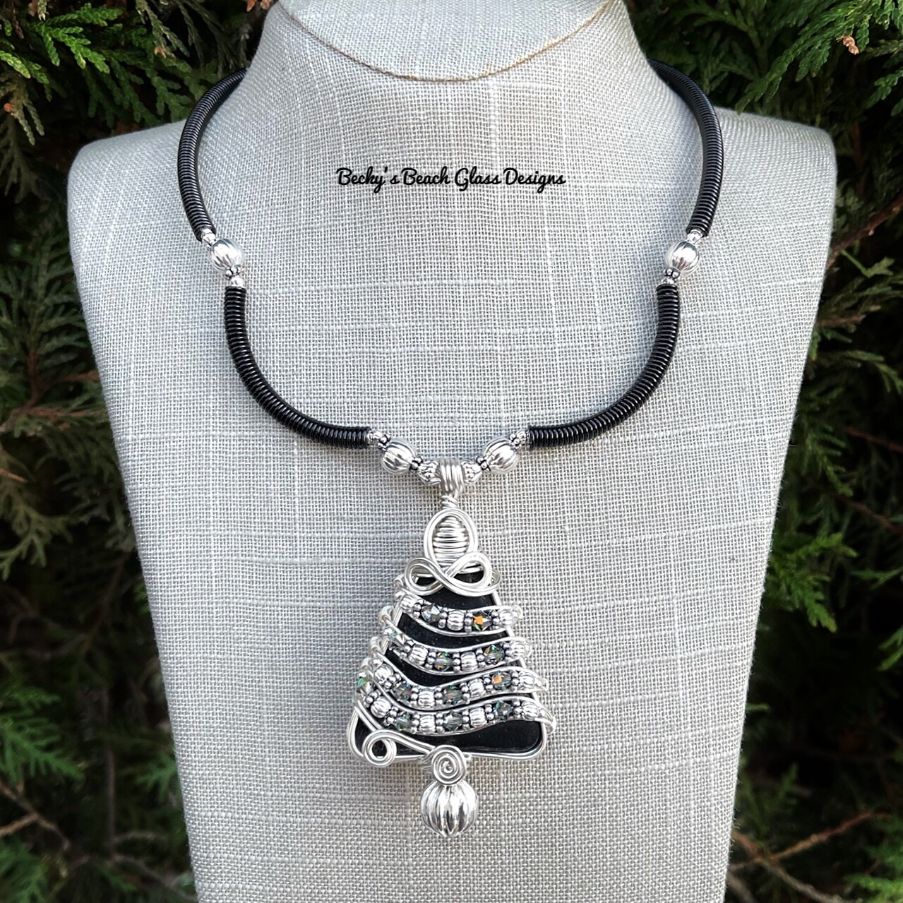 Black Sea Glass Christmas Tree Pendant Necklace