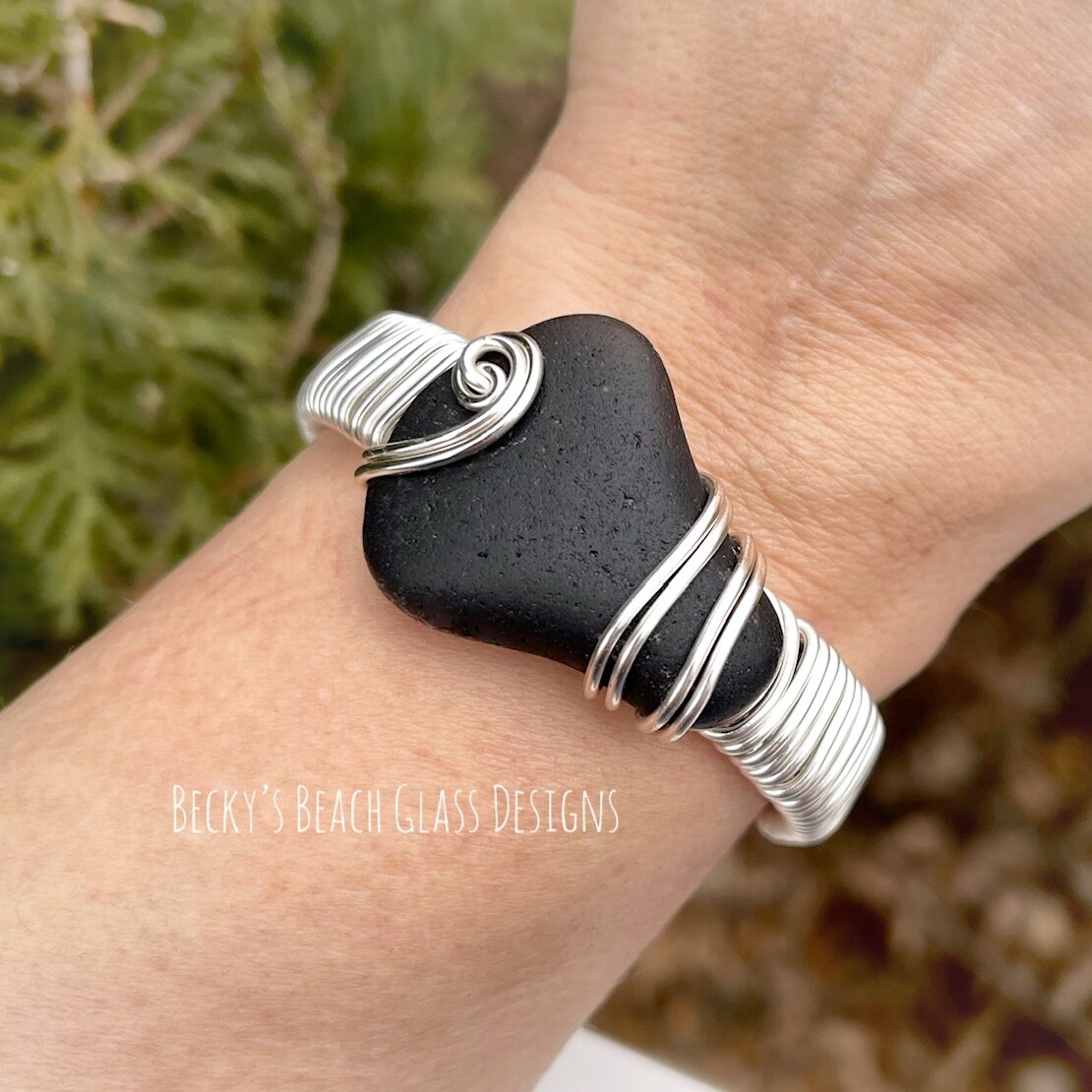 Black Scottish Sea Glass Cuff Bracelet