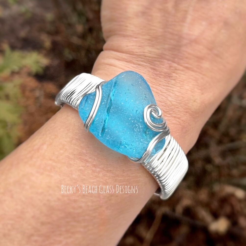 Super Bright Aqua Blue Sea Glass Cuff Bracelet