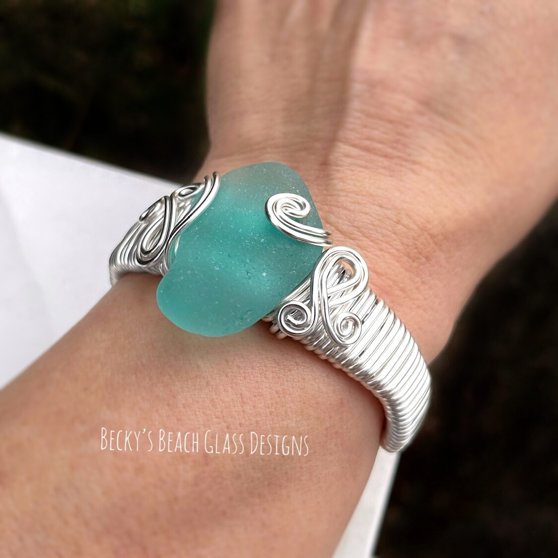 Aqua Sea Glass Cuff Bracelet