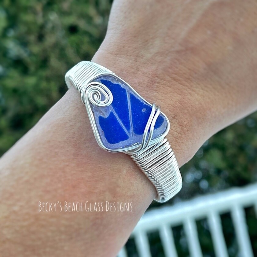 Blue Flashed Sea Glass Cuff Bracelet