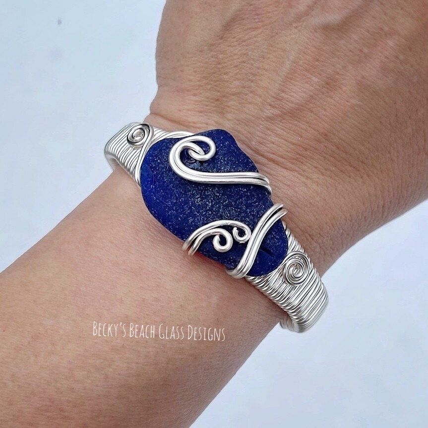 Dark Cobalt Blue Sea Glass Cuff Bracelet