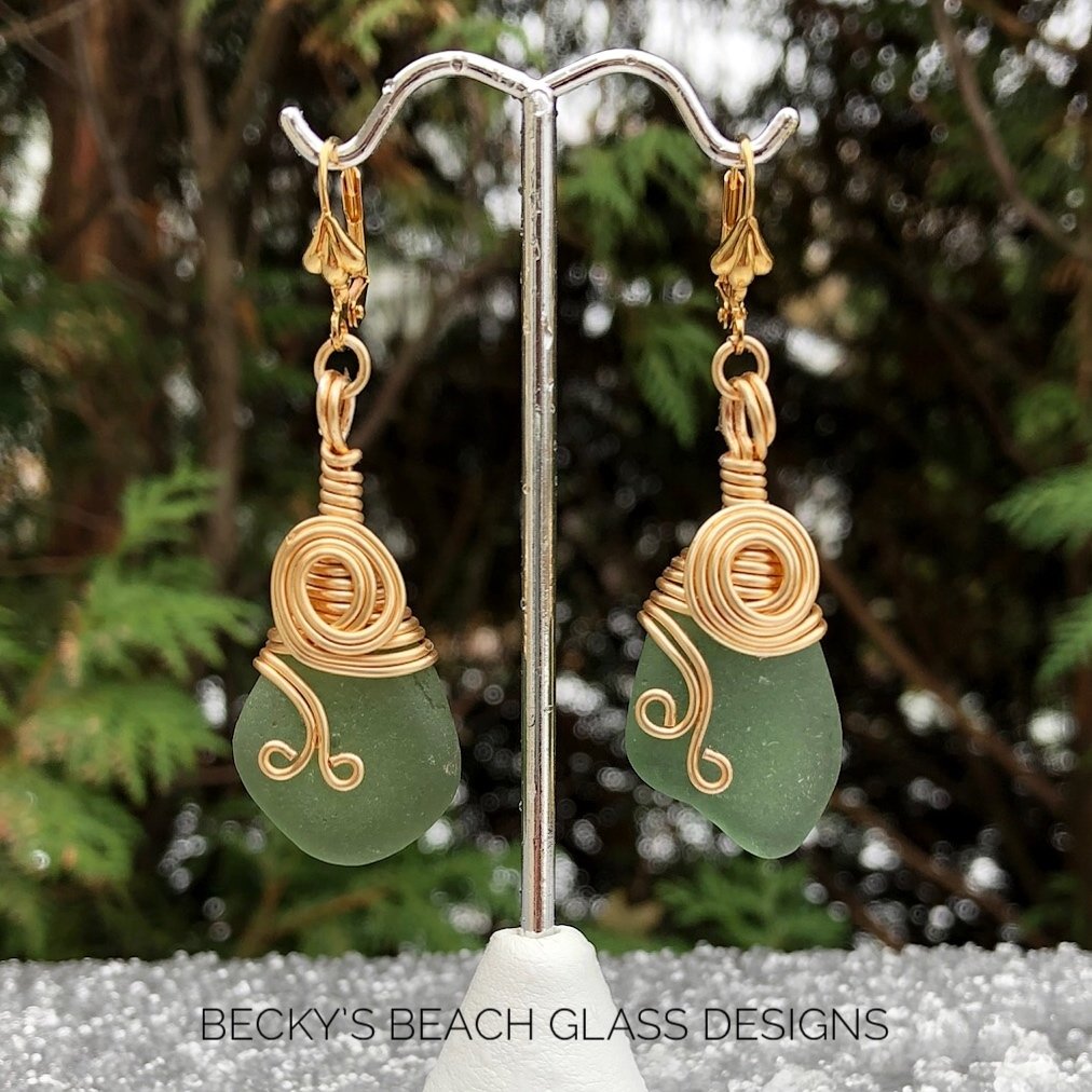 Gold Wire Wrapped Green Sea Glass Earrings