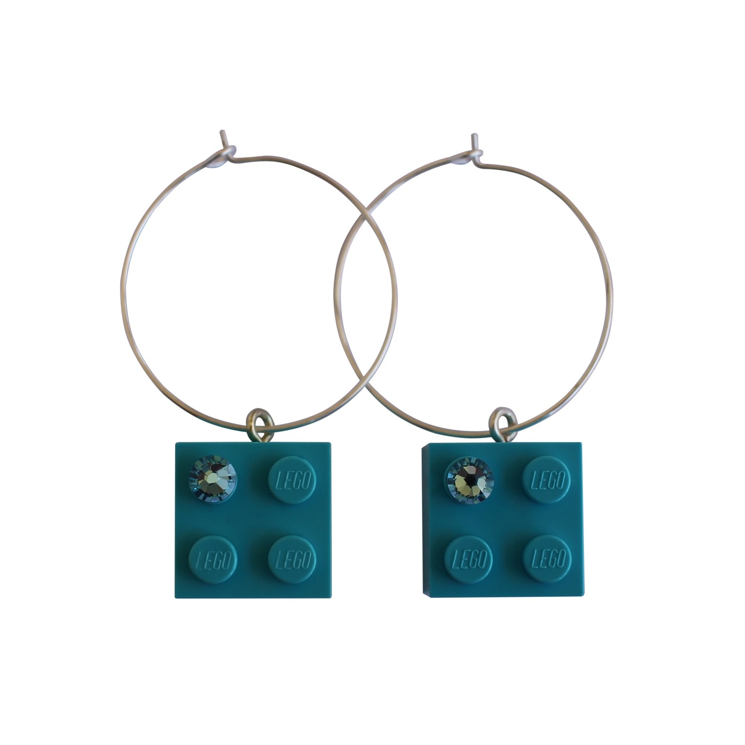 ​Turquoise Blue LEGO® brick 2x2 with a Blue SWAROVSKI® crystal on a Silver plated hoop