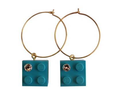 ​Turquoise Blue LEGO® brick 2x2 with a ‘Diamond’ color SWAROVSKI® crystal on a Gold plated hoop
