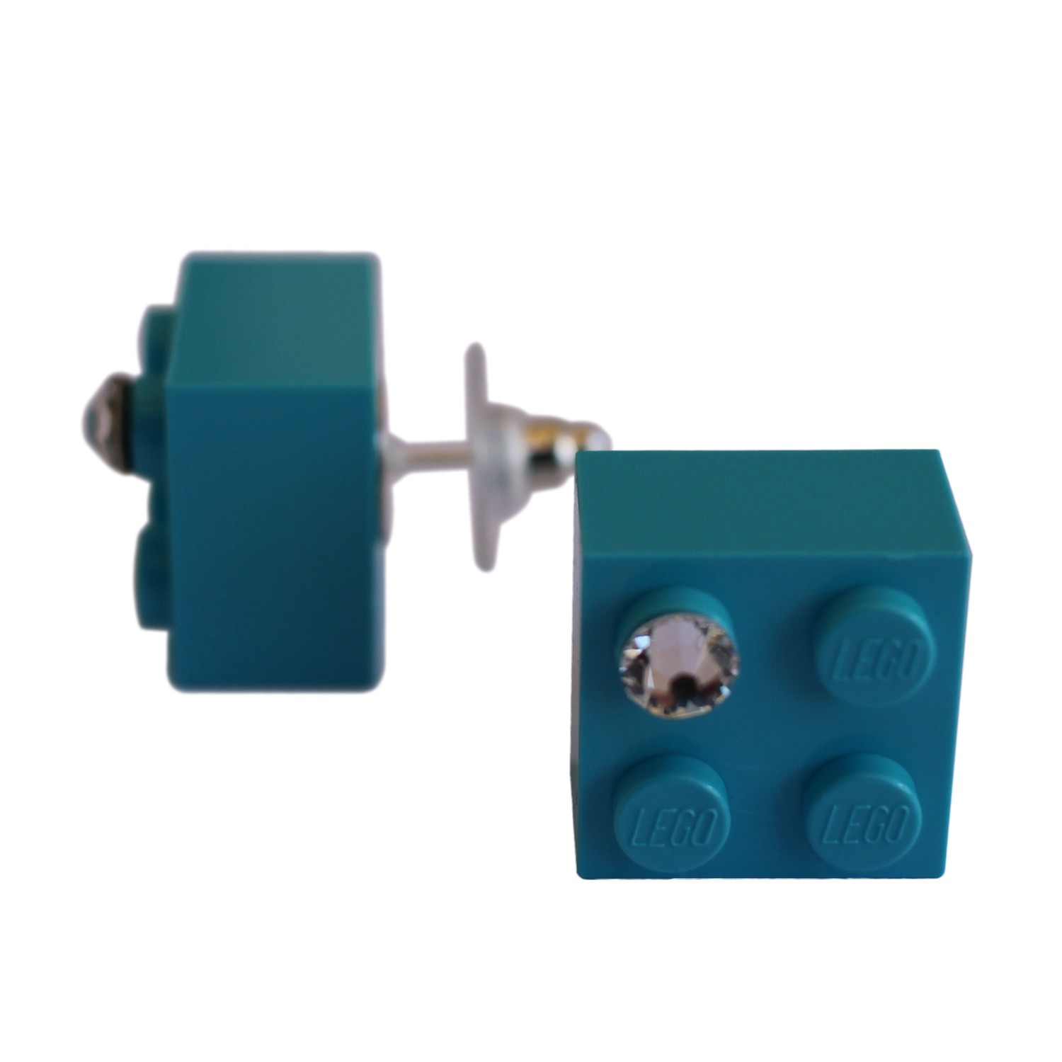 Turquoise Blue LEGO® brick 2x2 with a ‘Diamond’ color SWAROVSKI® crystal on a Silver plated stud/silicone back stopper