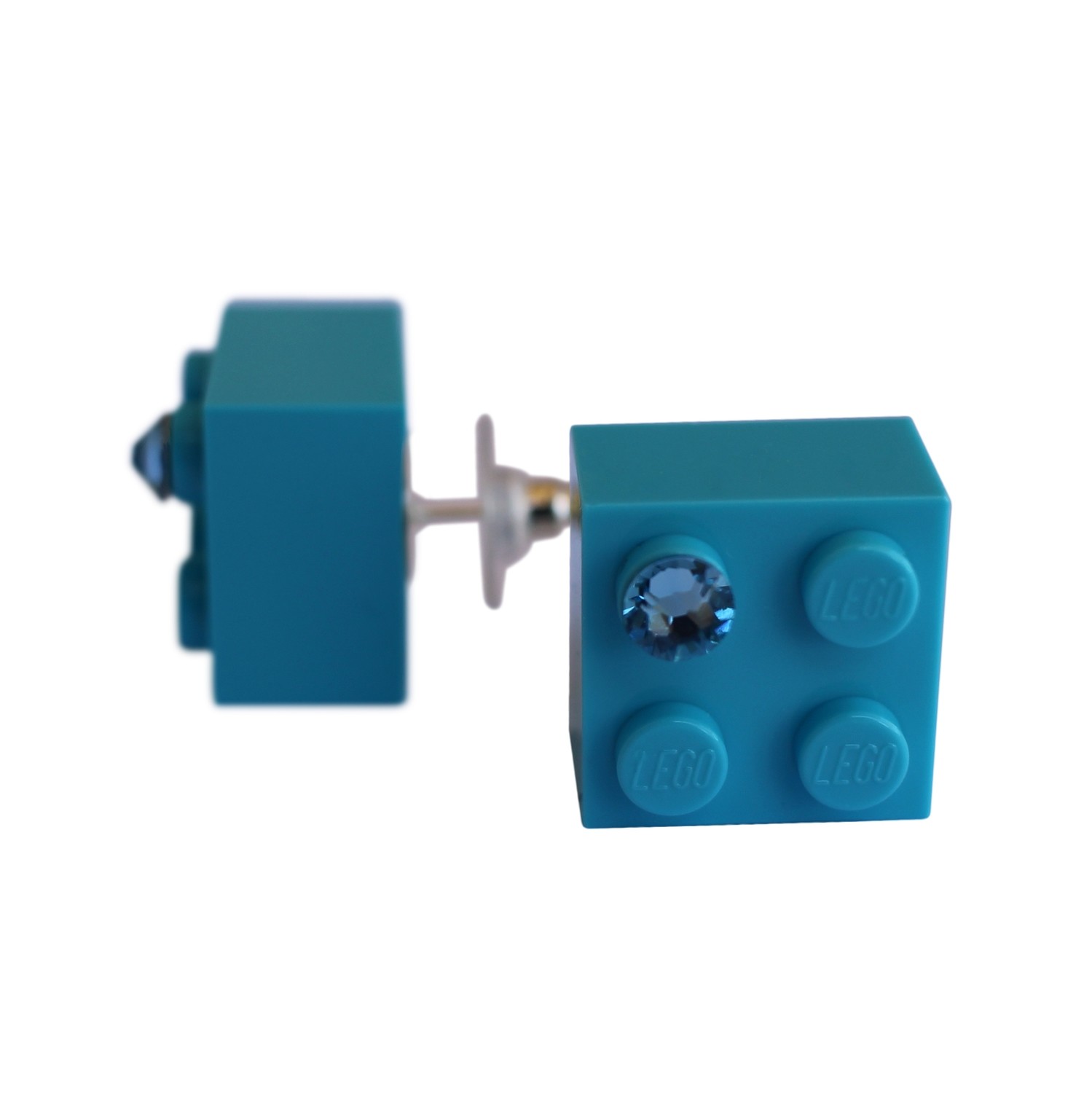 Turquoise Blue LEGO® brick 2x2 with a Blue SWAROVSKI® crystal on a Silver plated stud/silicone back stopper