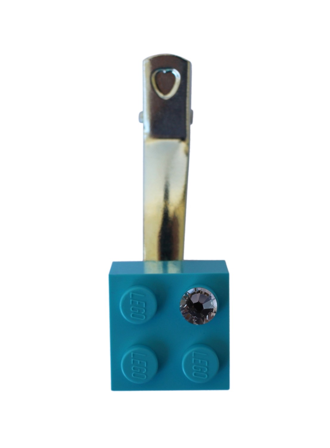 ​Turquoise Blue LEGO® brick 2x2 with a ‘Diamond’ color SWAROVSKI® crystal on a Silver plated hair clip (one piece)​