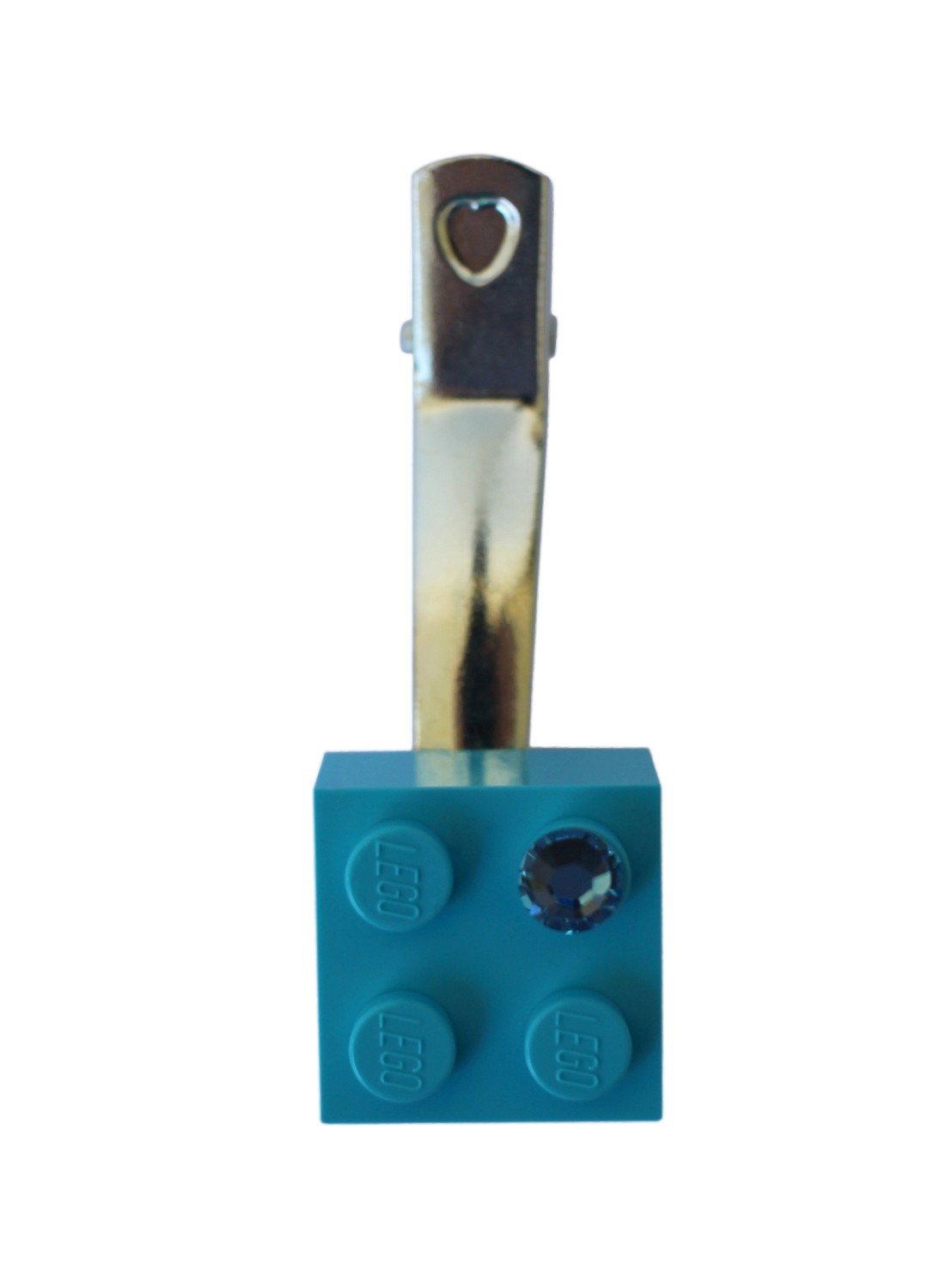 ​​Turquoise Blue LEGO® brick 2x2 with a Blue SWAROVSKI® crystal on a Silver plated hair clip (one piece)