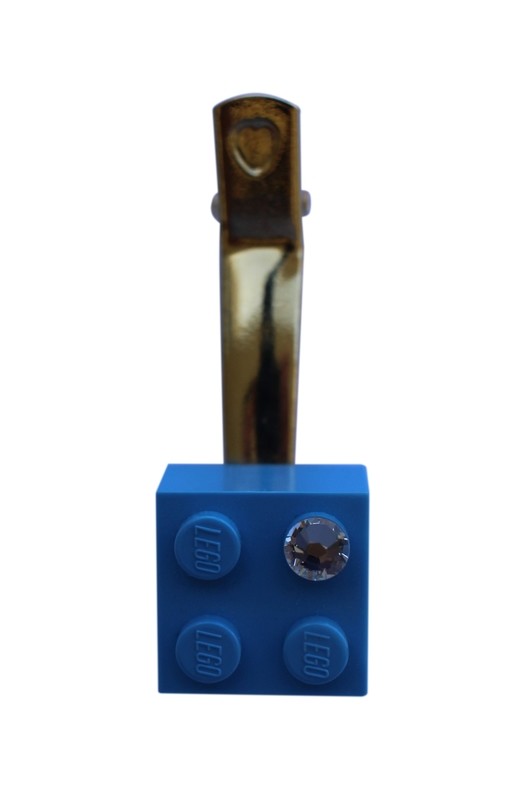 ​Turquoise Blue LEGO® brick 2x2 with a ‘Diamond’ color SWAROVSKI® crystal on a Gold plated hair clip (one piece)
