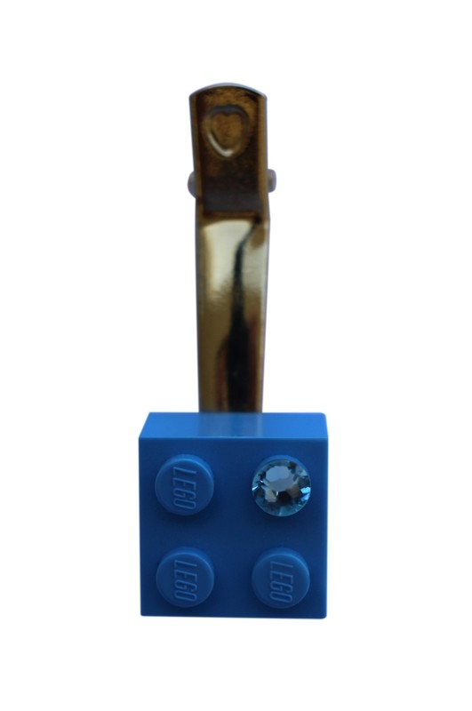 ​Turquoise Blue LEGO® brick 2x2 with a Blue SWAROVSKI® crystal on a Gold plated hair clip (one piece)