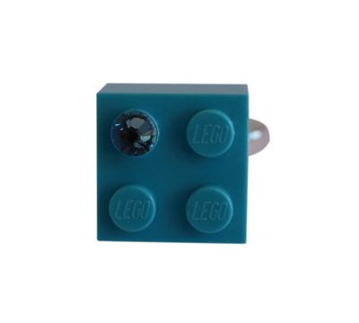 ​Turquoise Blue LEGO® brick 2x2 with a Blue SWAROVSKI® crystal on a Silver plated adjustable ring ​finding