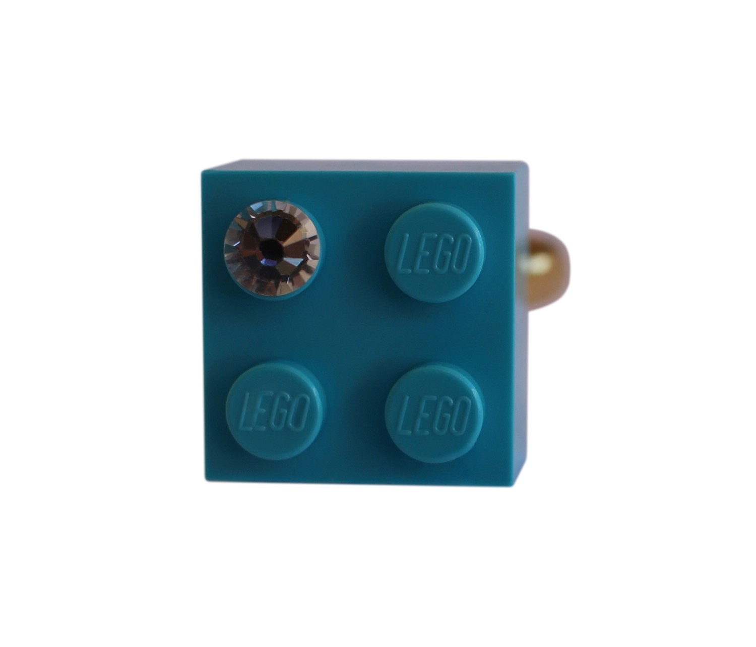 ​Turquoise Blue LEGO® brick 2x2 with a ‘Diamond’ color SWAROVSKI® crystal on a Gold plated adjustable ring finding