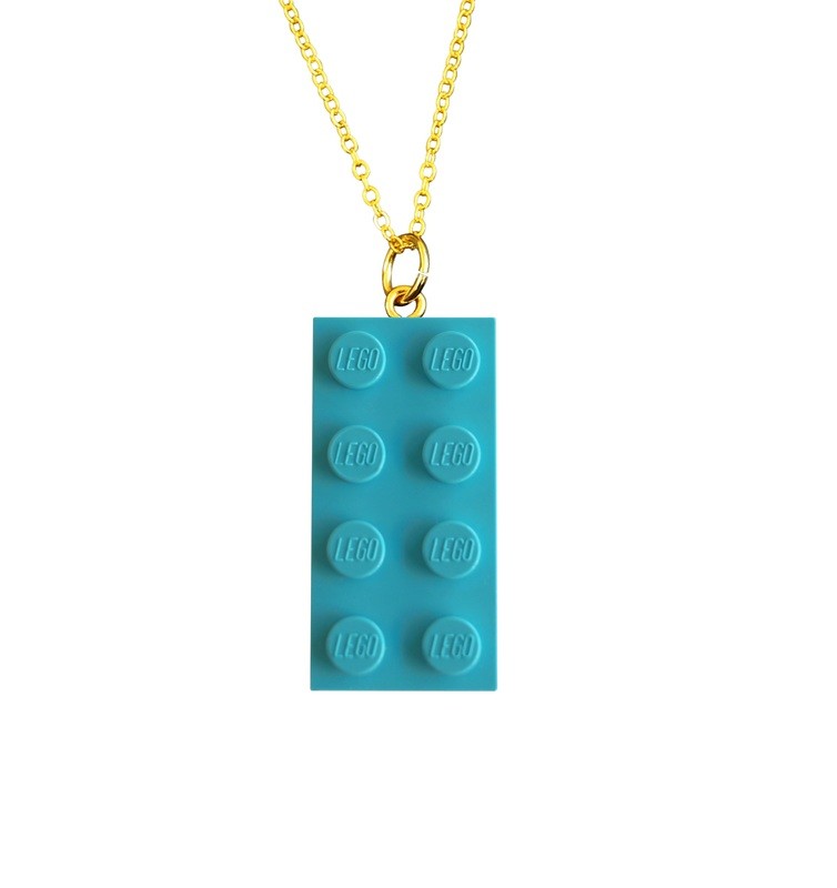 Turquoise Blue LEGO® brick 2x4 on a Gold plated trace chain (18&quot; or 24&quot;)​