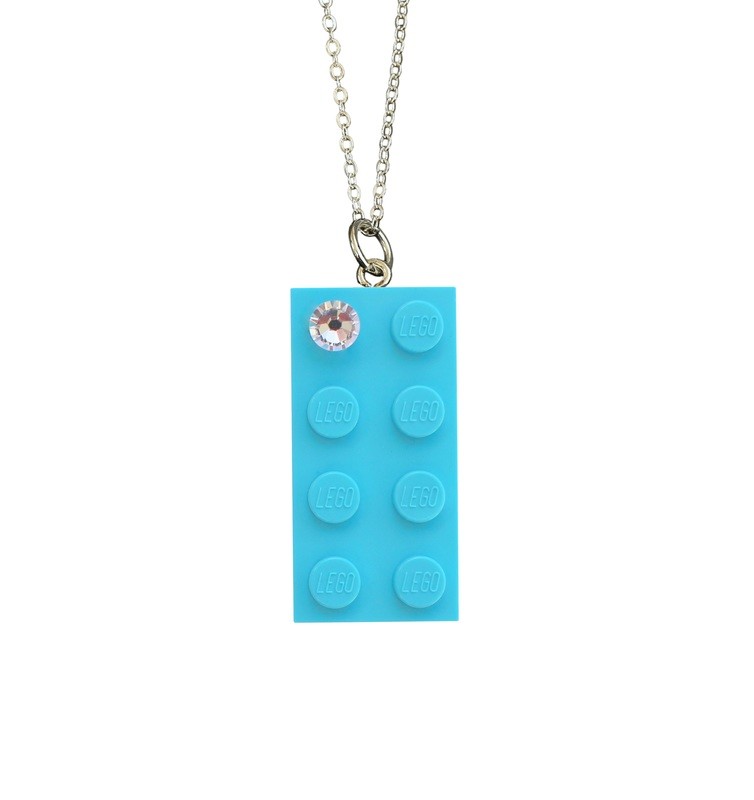 ​Turquoise Blue LEGO® brick 2x4 with a ‘Diamond’ color SWAROVSKI® crystal on a Silver plated trace chain (18&quot; or 24&quot;)