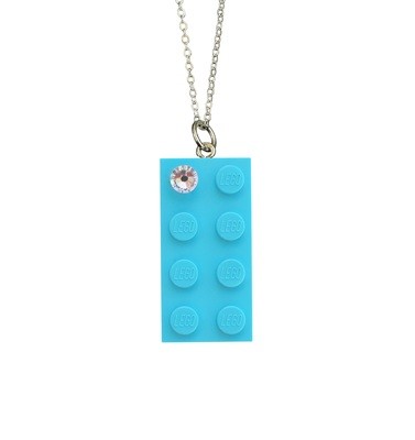 ​Turquoise Blue LEGO® brick 2x4 with a ‘Diamond’ color SWAROVSKI® crystal on a Silver plated trace chain (18" or 24")