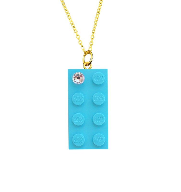 Turquoise Blue LEGO® brick 2x4 with a ‘Diamond’ color SWAROVSKI® crystal on a Gold plated trace chain (18&quot; or 24&quot;)