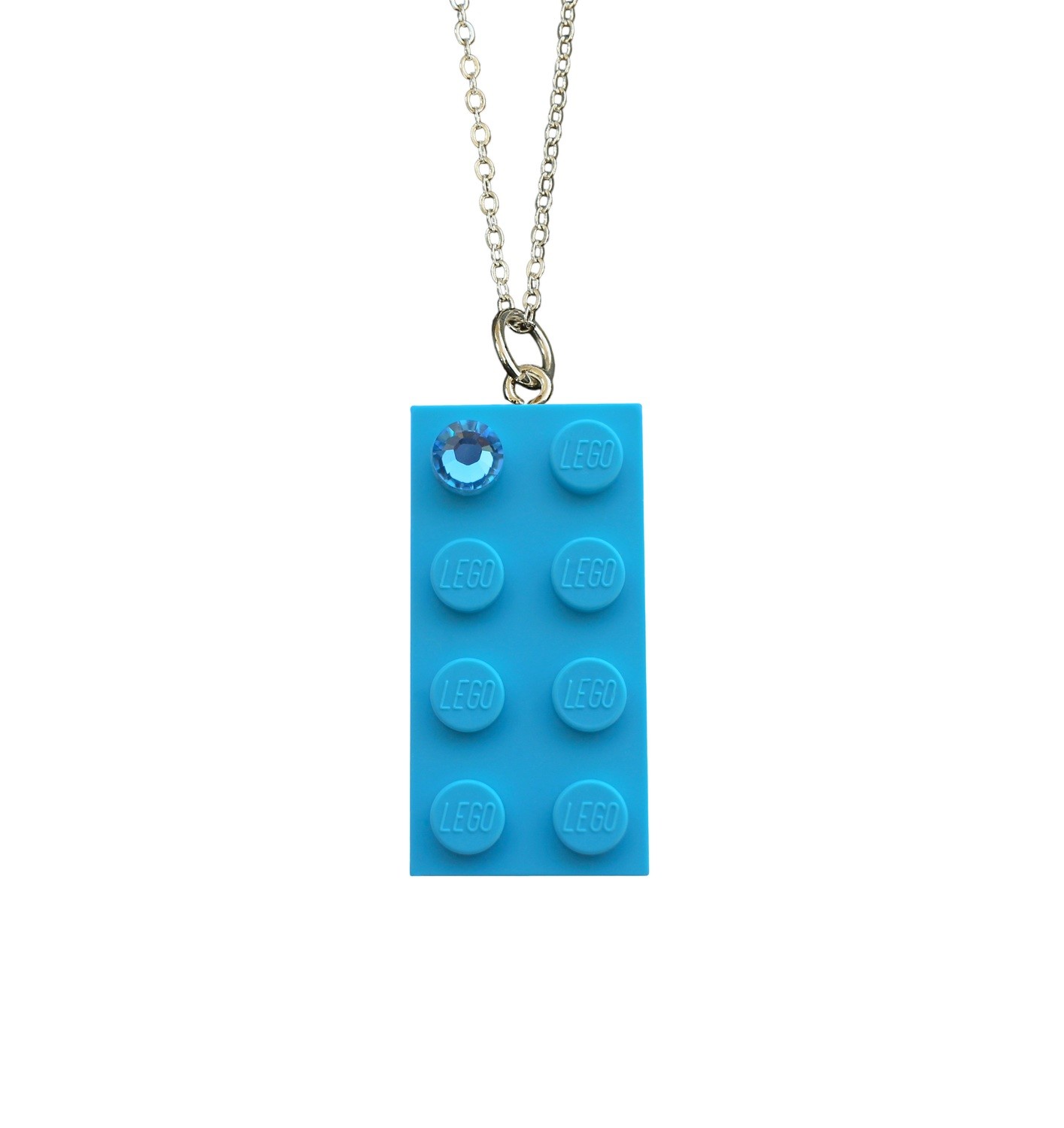 Turquoise Blue LEGO® brick 2x4 with a Blue SWAROVSKI® crystal on a Silver​ trace chain (18" or 24")