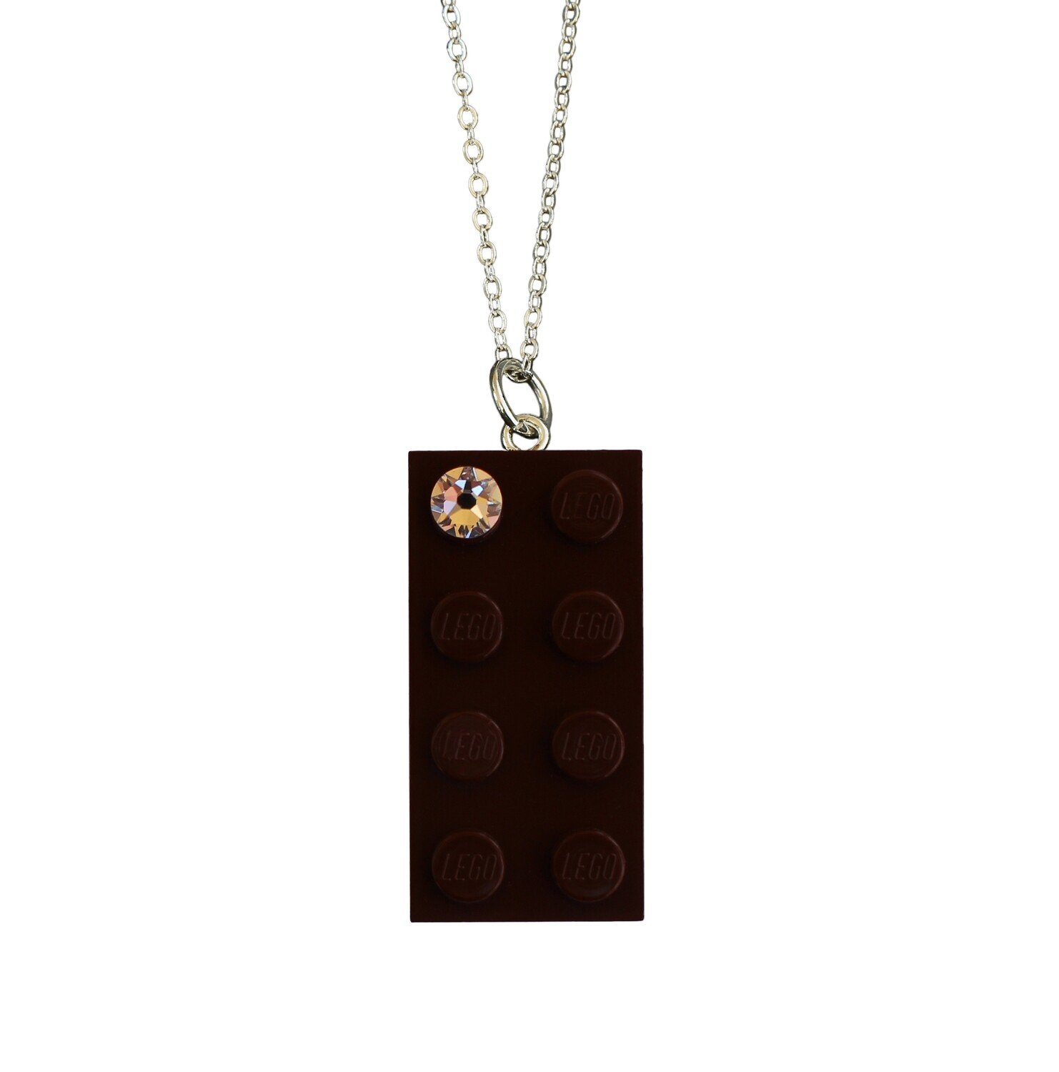 Brown LEGO® brick 2x4 with a ‘Diamond’ color SWAROVSKI® crystal on a Silver plated trace chain (18" or 24")