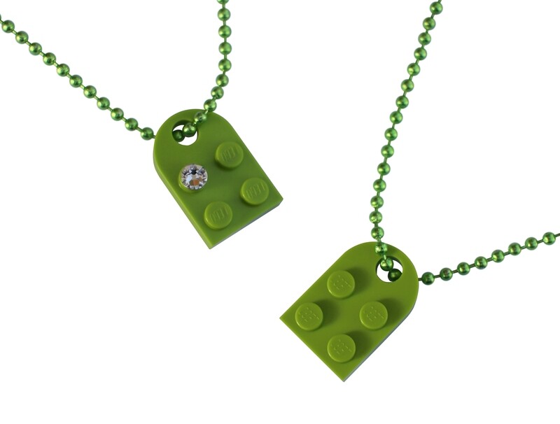 Light Green 2 piece customizable LEGO® heart made from 2 LEGO® plates with a 'Diamond' color SWAROVSKI® crystal on 2 Green ballchains