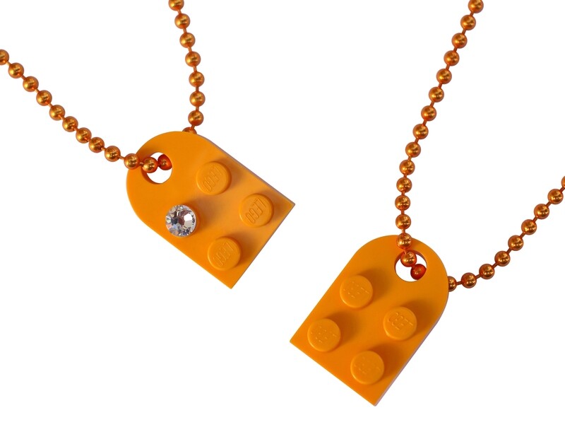Yellow Orange 2 piece customizable LEGO® heart made from 2 LEGO® plates with a 'Diamond' color SWAROVSKI® crystal on 2 Orange ballchains