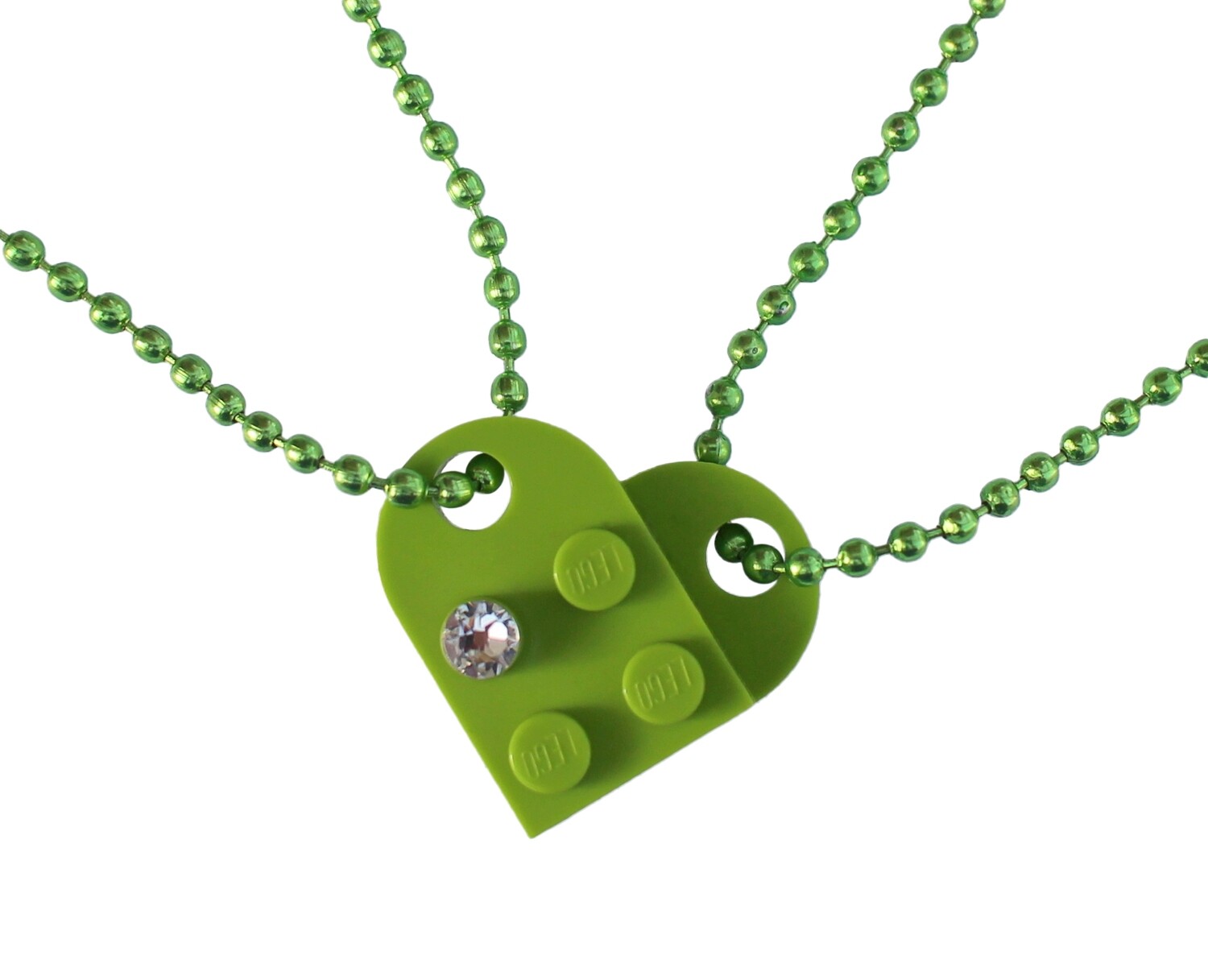 Light Green 2 piece customizable LEGO® heart made from 2 LEGO® plates with a 'Diamond' color SWAROVSKI® crystal on 2 Green ballchains