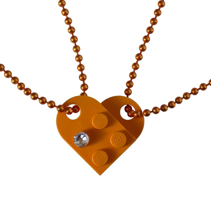 Yellow Orange 2 piece customizable LEGO® heart made from 2 LEGO® plates with a &#39;Diamond&#39; color SWAROVSKI® crystal on 2 Orange ballchains