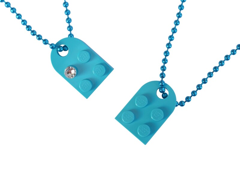 Turquoise Blue 2 piece customizable LEGO® heart made from 2 LEGO® plates with a 'Diamond' color SWAROVSKI® crystal on 2 Blue ballchains