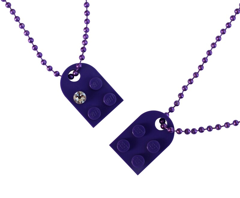 Purple 2 piece customizable LEGO® heart made from 2 LEGO® plates with a 'Diamond' color SWAROVSKI® crystal on 2 Purple ballchains